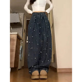 Flytonn-Women Pearls Jeans Harajuku Y2k 90s Aesthetic Vintage Baggy Denim Trousers 2000s High Waist Wide Jean Pants Trashy Clothes 2024