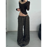 Flytonn-Women Brown Cargo Pants lattice Streetwear High Waist American Wide Leg Pants Y2K Fashion Female Winter Straight Trousers