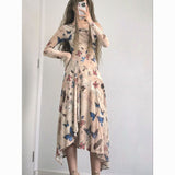 Flytonn-y2k outfits Retro Butterfly Printed Slanted Shoulder Long Sleeve Dress Spring New Fashion Slimming Irregular A-line Long Dress for Women