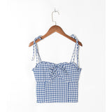 Flytonn-BACK TO SCHOOL OUTFIT Summer Clothes For Women Sweetheart Neck Bow Tie Casual Linen Plaid Top Frill Edge Sleeveless Sexy Spaghetti Strap Crop Tops