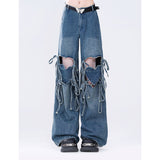 Flytonn-Women Retro Blue Pants Baggy Vintage Y2k Harajuku 90s Aesthetic Pants Hollow Out High Waist Wide Leg Trouser 2000s Clothes 2024