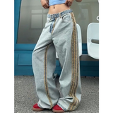 Flytonn-American Retro High Waist Oversized Jeans Women Casual Baggy Pocket Y2K Ripped Pants Wide Leg Grunge Street Solid Denim Trouser