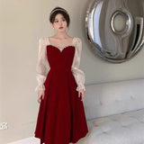 Flytonn-y2k outfits Toast Bridal Wine Red Winter Wedding Dresses for Women Autumn/Winter Luxury Spliced Waist Slimming A-line Long Evening Dress