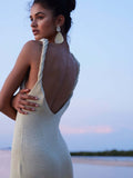 Flytonn Deep V Backless Split Knit Dress Female Sexy Solid High Waist Slim Maxi Vacation Beach Dresses See Through Summer New