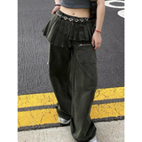 Flytonn-Korean Vintage Fashion High Waist High Street Style Green Straight Jeans Women's Pants Wide Leg Baggy Y2K Female Denim Trouser