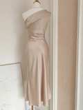 Flytonn-Valentines Gift party dress Sexy Sheath Boat Sleeveless Champagne Satin Party Dress Holiday Dresses Fly349