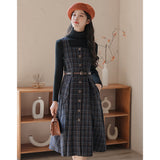 Flytonn-y2k outfits Autumn/Winter College Style Retro Checkered Wool Overalls Dress+High Neck Sweater Knit Base Shirt Two Piece Set Women Outfits