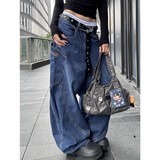 Flytonn-2024 Blue Women's Jeans Hip-hop Fashion Vintage Streetwear Y2K Wide Leg Straight Jean High Waist Trouser Baggy Cargo Denim Pants