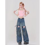 Flytonn-Women Retro Blue Pants Baggy Vintage Y2k Harajuku 90s Aesthetic Pants Hollow Out High Waist Wide Leg Trouser 2000s Clothes 2024