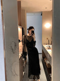 Flytonn-y2k outfits French Style High end Exquisite Black Slip Dress Women Summer Fashion Lace Hollow Bottomming Shirt Long Dress Set Two Piece Set