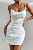 Flytonn-nye outfits Sexy Cowl Neck Ruched Bodycon Cami Split Sleeveless Party Mini Dress - White