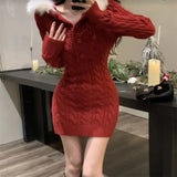 Flytonn-y2k outfits Winter New Christmas Stylish Waist Slimming Long Sleeve Hooded Knitted Red Dress Spicy Girl Sexy Wrap Hip Mini Dress for Women