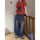 Flytonn-Vintage Ripped Harajuku Loose Fit Jeans Y2K Hollow Out Oversized Wide Leg Trashy Pants 2024 Autumn Women's Baggy Denim Trouser