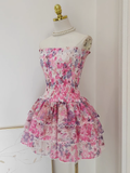 Flytonn-Valentines Gift party dress Cute A line Strapless Sleeveless Pink Floral Cocktail Dress Short Birthday Outfits Fly388