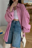 Flytonn-back to school outfits Long Sleeve Pink Striped Casual Blouse Shirt-spring outfits