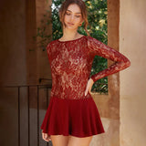 Flytonn Lace Splice Folds Short Dress For Women Fashion O neck Long Sleeve Casual Dress See Through Sexy Dress Ladies Spring New