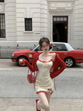 Flytonn-y2k outfits Bow Fragmented Flower Slip Dress Summer Lace Spliced Slim Sweet Spicy Girl Wrap Hip Short Dress Women Red Cardigan Two Piece