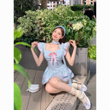 Flytonn-y2k outfits Bow Blue Stripe Small Flying Sleeve Dress Summer Shorts Skirts Waist Wrapped Slimming Fluffy Sweet A-line Short Dress for Women