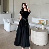 Flytonn-y2k outfits Summer New Korean Fashion Short Sleeve Black Dress for Women French Elegant Commuting Waist Belt Slimming A-line Long Dress