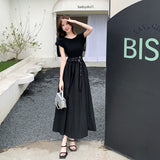 Flytonn-y2k outfits Summer New Korean Fashion Short Sleeve Black Dress for Women French Elegant Commuting Waist Belt Slimming A-line Long Dress