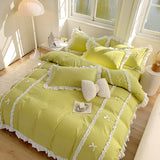 Flytonn-2025 Spring Bedding Set Princess Style Duvet Cover Set with Flat Sheet Pillowcases Korean Green Pink Girls Gift Spring Single Queen Size Bedding Kit