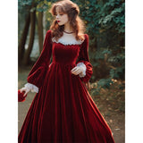 Flytonn-y2k outfits French Hepburn Red Velvet Long Dress Spring/Autumn New Square Neck Long Sleeve Waist Slim Red Antique Vintage Dress for Women