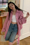 Flytonn-back to school outfits Long Sleeve Pink Striped Casual Blouse Shirt-spring outfits