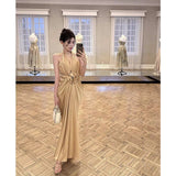 Flytonn-y2k outfits French Vintage Hanging Neck Sleeveless Rose Sexy Slip Dress Gold High end Elegant Waist Slimming Evening Long Dress for Women