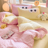 Flytonn-2025 Spring Bedding Set Cute Korean Style Duvet Cover Set No Filler Green Pink Mix Color Flat Sheet Pillowcases Polyester Twin Queen Size Bed Linens