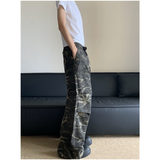 Flytonn-Women Jeans Fashion American Vintage Camouflage Streetwear Military Green Wide Leg Jean Female Denim Trouser Baggy Denim Pants