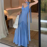 Flytonn-y2k outfits Blue Irregular Spliced Folded A-line Long Dress Summer Beach Style French Waist Slimming Large hem V-neck Slip Dress for Women