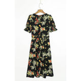 Flytonn-BACK TO SCHOOL OUTFIT Women Short Sleeve Summer Dress Vintage Floral Print Dress Sweetheart Neck Side Slit Sexy Belted Elegant Midi Dress Sundress