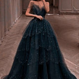 Flytonn-Cyber Monday Christmas party outfits Elegant Ball Gown Straps Long Tulle Blue Prom Dress B492