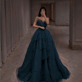 Flytonn-Cyber Monday Christmas party outfits Elegant Ball Gown Straps Long Tulle Blue Prom Dress B492