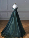 Flytonn-Cyber Monday Christmas party outfits Elegant A line Dark Green Tulle Long Prom Dress B498