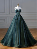 Flytonn-Cyber Monday Christmas party outfits Elegant A line Dark Green Tulle Long Prom Dress B498