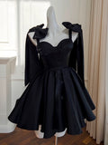 Flytonn-back to school outfits Modest A line Straps Black Short Homecoming Dresses Birthday Outfits With Bow C2225