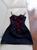 Flytonn-back to school outfits Cute A Line Straps Black Satin Homecoming Dresses Birthday Outfits With Flowers C2231