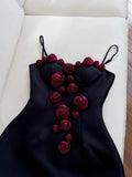 Flytonn-back to school outfits Cute A Line Straps Black Satin Homecoming Dresses Birthday Outfits With Flowers C2231