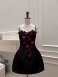 Flytonn-back to school outfits Cute A Line Straps Black Satin Homecoming Dresses Birthday Outfits With Flowers C2231