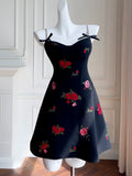 Flytonn-back to school outfits Simple A Line Spaghetti Straps Short Black Satin Floral Homecoming Dresses Birthday Outfit C2274