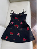 Flytonn-back to school outfits Simple A Line Spaghetti Straps Short Black Satin Floral Homecoming Dresses Birthday Outfit C2274