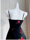 Flytonn-back to school outfits Simple A Line Spaghetti Straps Short Black Satin Floral Homecoming Dresses Birthday Outfit C2274