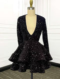 Flytonn-back to school outfits Sexy A line V Neckline Women Sequin Black Homecoming Dress With Ruffles C2429