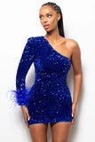 Flytonn-back to school outfits Sparkly One Shoulder Bodycon Velvet Feather Sequin Party Mini Dress Homecoming Dresses C2447