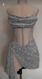 Flytonn-back to school outfits Sexy Sheath Strapless Gray Sequin Short Birthday Outfits Homecoming Dresses C2605