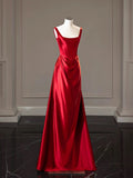 Flytonn-Cyber Monday Christmas party outfits Simple A-line Square Neckline Satin Red Long Evening Dress Prom Dress C3218