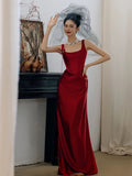 Flytonn-Cyber Monday Christmas party outfits Simple A-line Square Neckline Satin Red Long Evening Dress Prom Dress C3218