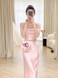 Flytonn-Cyber Monday Christmas party outfits Simple A-line Spaghetti Straps Satin Pink Long Evening Dress Prom Dress C3221