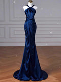 Flytonn-Cyber Monday Christmas party outfits Sexy Mermaid High Neckline Navy Blue Satin Evening Dress Long Prom Dresses Party Dress With Ruffles C3231